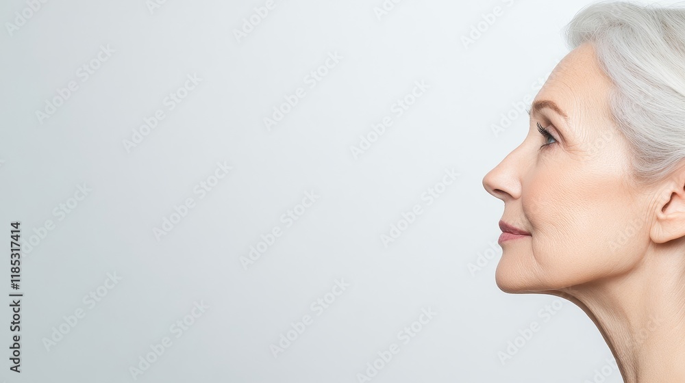 Elegant Profile of Mature Woman with Silver Hair Against Minimalistic Background, Emphasizing Graceful Features and Timeless Beauty in Soft Lighting Elegant Profile of Mature Woman with Silver Hair Against Minimalistic Background, Emphasizing Graceful Features and Timeless Beauty in Soft Lighting