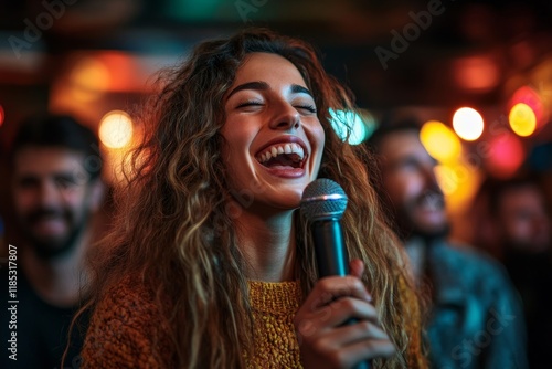 Cheerful friends having fun while singing karaoke during their night out in a pub. Generative AI photo