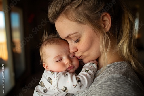 Tender moment: caucasian female adult embracing sleeping baby indoors photo