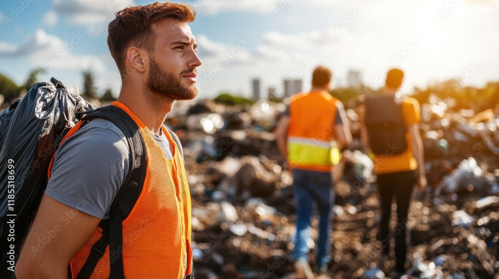 Naklejka premium Young volunteers cleaning a dirty dump with hope and determination