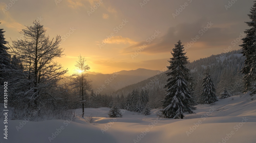 Winter sunset in snowy mountain forest landscape Winter sunset in snowy mountain forest landscape