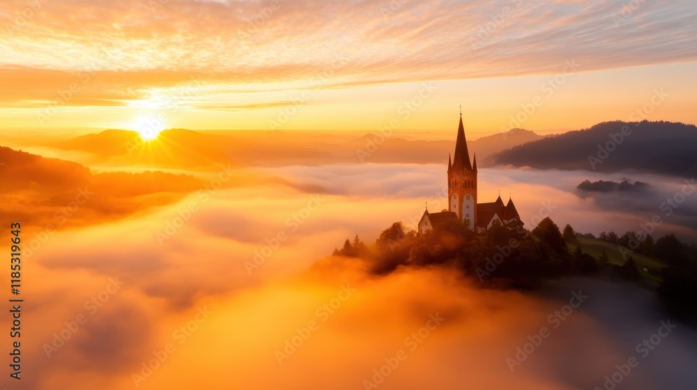 Obraz premium Majestic medieval castle rises above fog at sunrise in serene landscape