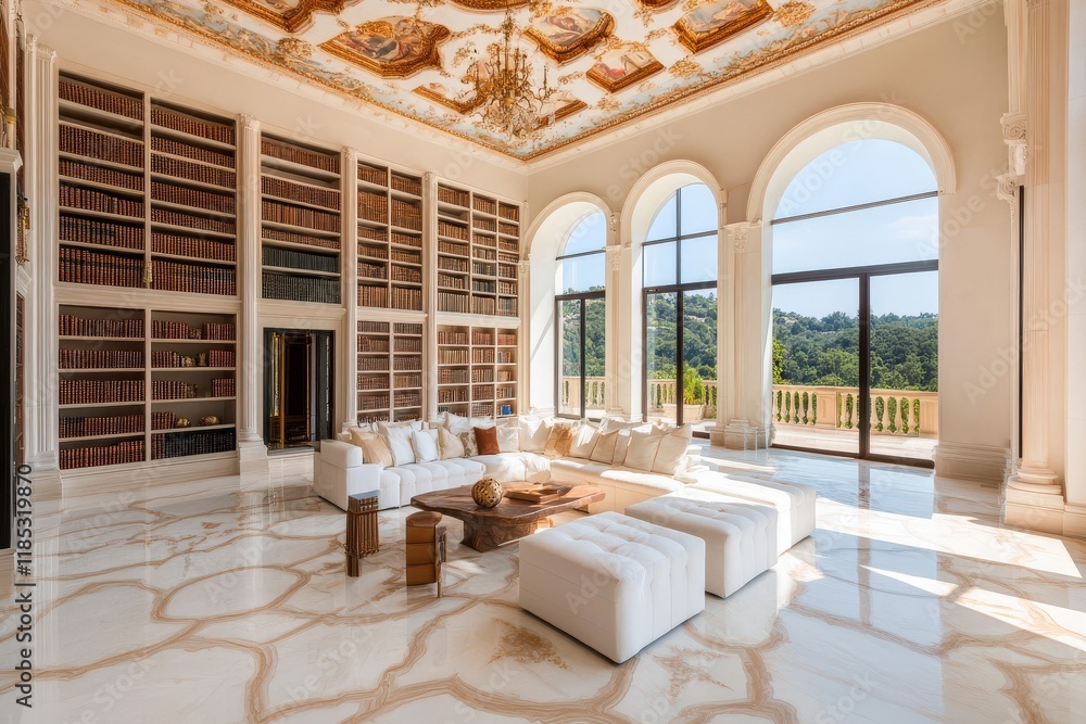 Fototapeta premium Luxurious grand library with ornate ceiling and expansive windows overlooking scenic landscape