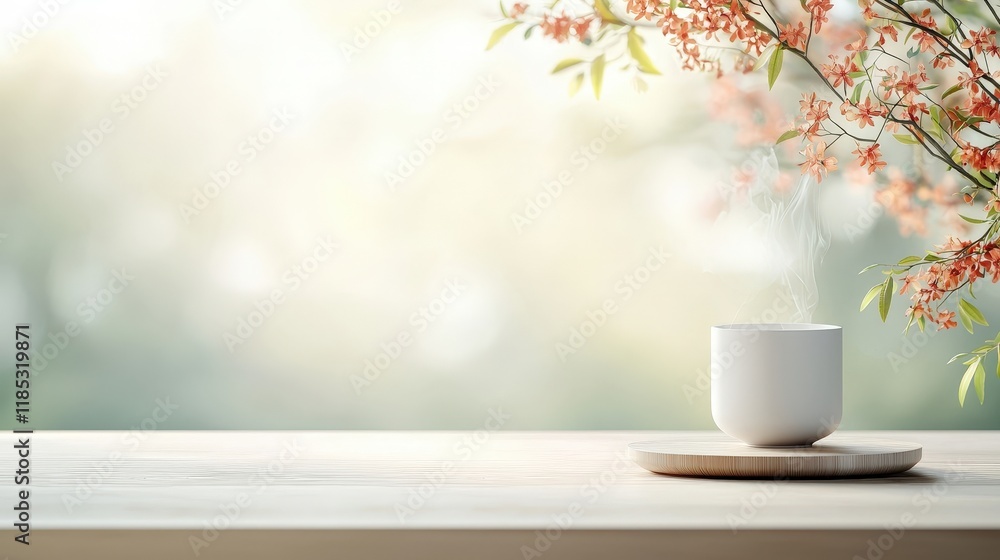 A white cup with steam coming out of it sits on a wooden tray on a table A white cup with steam coming out of it sits on a wooden tray on a table