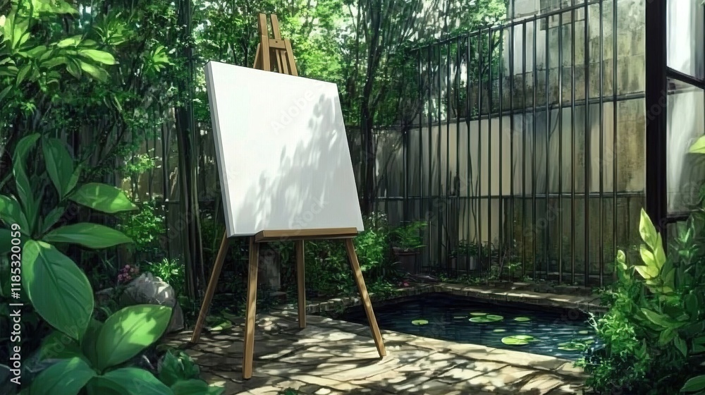 Blank Canvas on Easel in Serene Garden Setting Blank Canvas on Easel in Serene Garden Setting