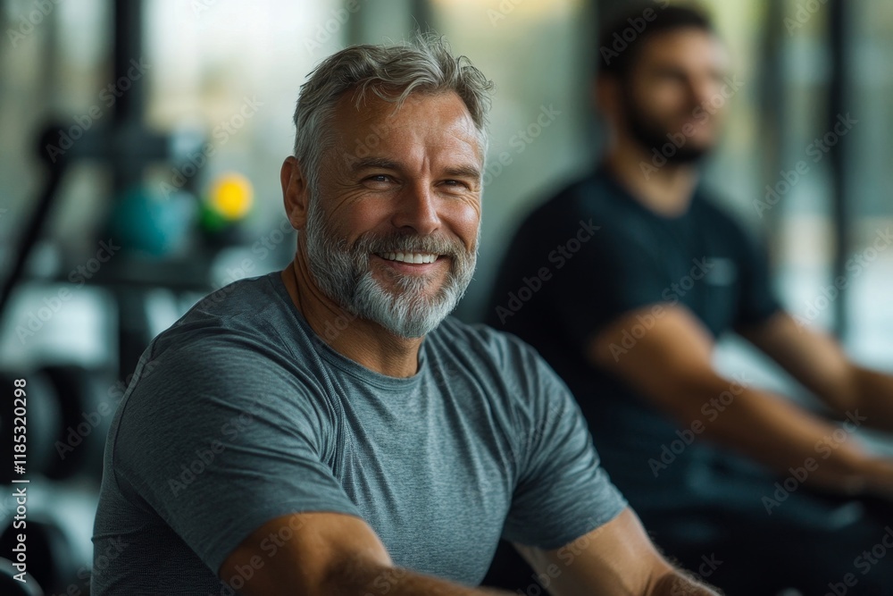 Happy mature man working out on rowing machine while having exercise class with coach in gym. Generative AI Happy mature man working out on rowing machine while having exercise class with coach in gym. Generative AI
