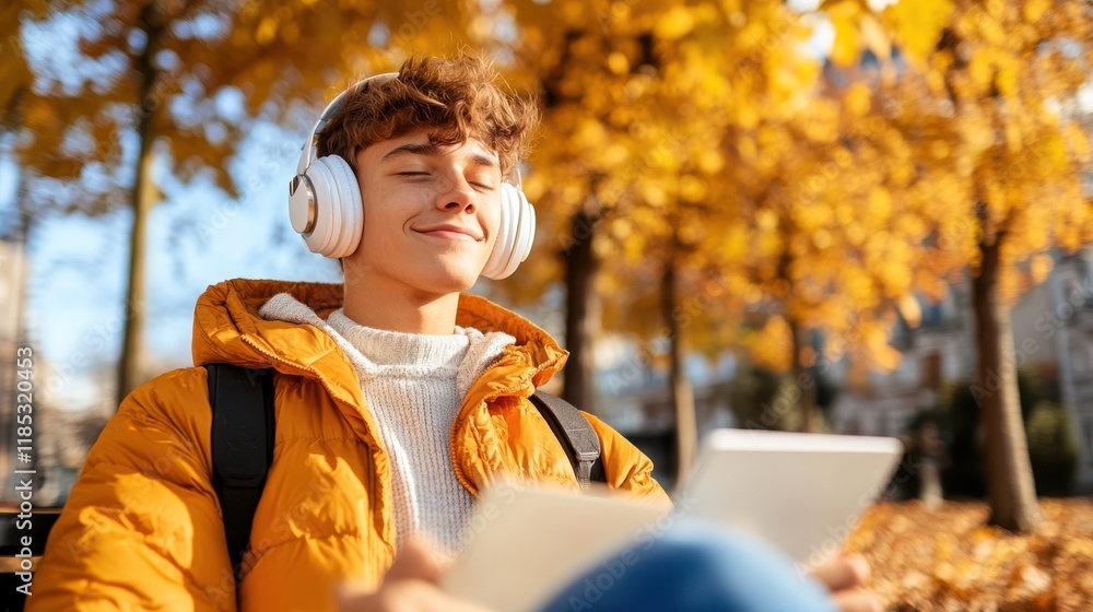 Teen enjoying music on a bench in a vibrant autumn park Teen enjoying music on a bench in a vibrant autumn park