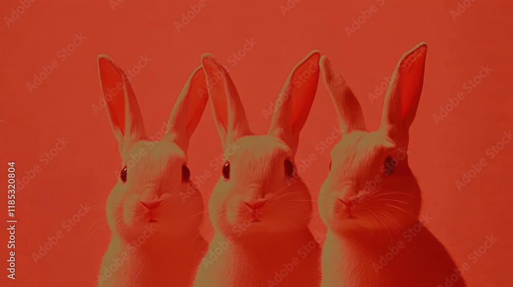 Obraz premium Three White Rabbits on Red Background in Minimalist Abstract Style