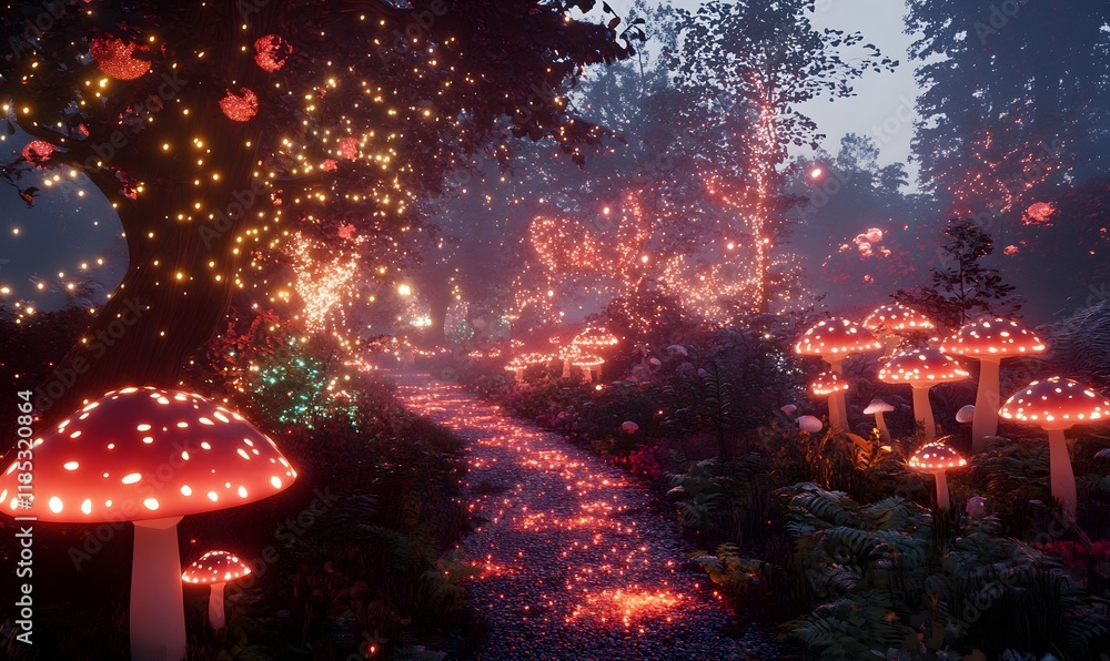 Naklejka premium Enchanted forest path with glowing mushrooms and lights.