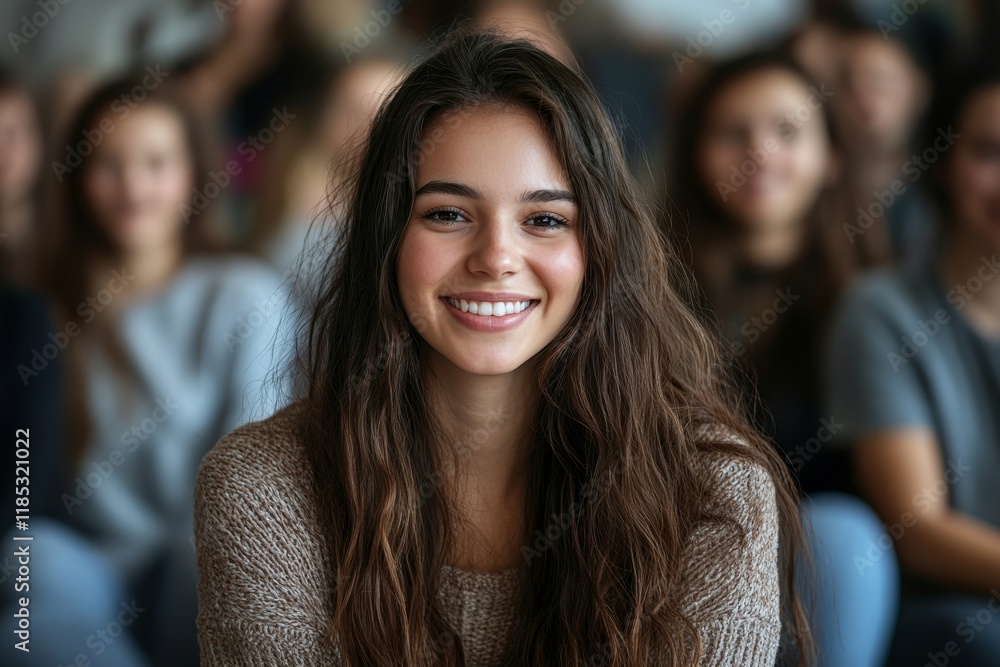 Obraz premium Young happy woman receives support from attenders of group therapy at mental health center. Generative AI