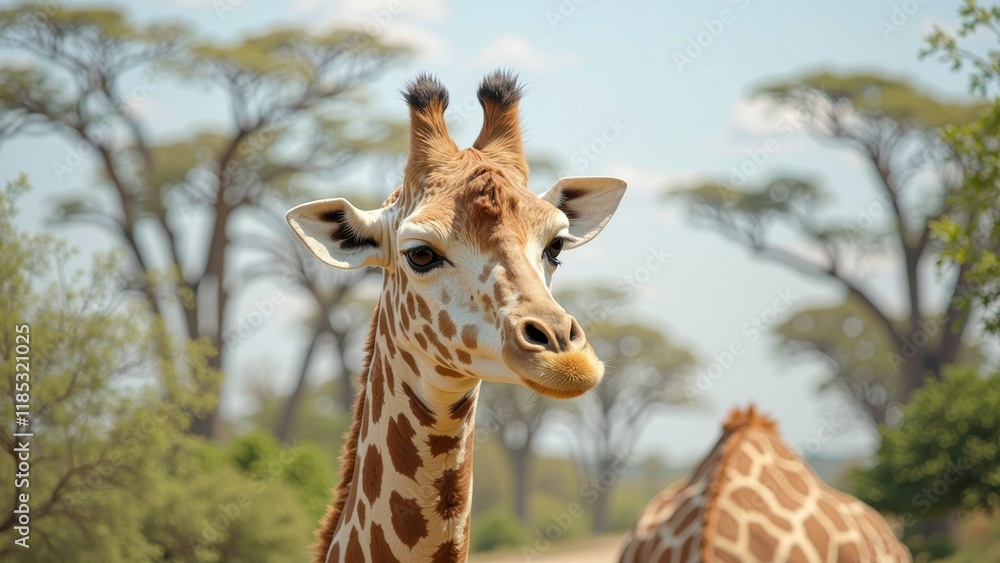 A majestic giraffe's face fills the frame, with gentle brown spots scattered across its long, sleek neck, gazing off into the distance at the bottom right A majestic giraffe's face fills the frame, with gentle brown spots scattered across its long, sleek neck, gazing off into the distance at the bottom right