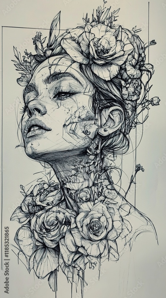 Fototapeta premium Pen and Ink Portrait of a Woman Adorned with Flowers