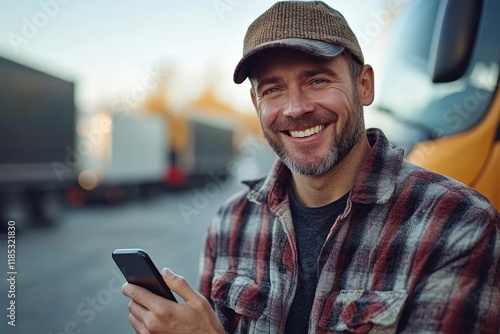 Happy truck driver using cell phone on parking lot and looking at camera. Generative AI