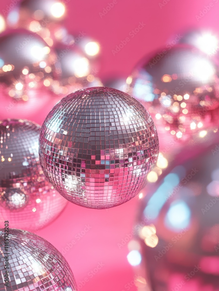 Floating Disco Balls on Pink Background with Sparkling Glow