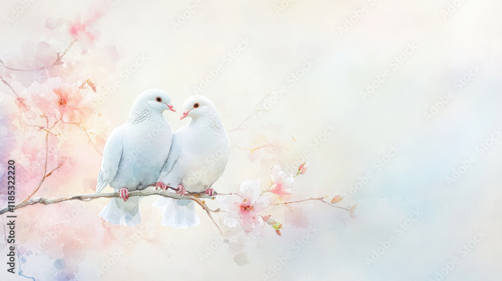 Delightful watercolor representation of two white doves on branch