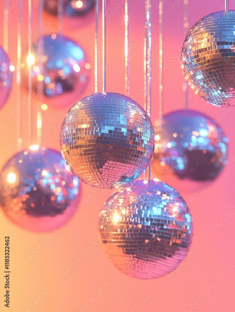 Fototapeta premium Hanging Disco Balls on Pink Background with Sparkling Lights