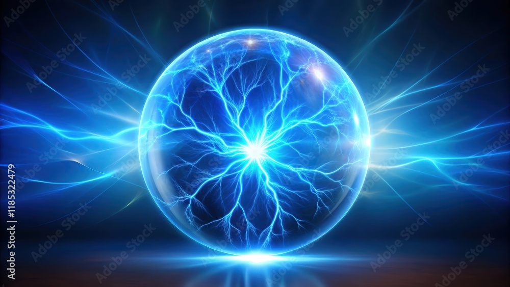 Obraz premium Blue glowing plasma ball lightning on abstract background, plasma, ball, lightning, blue, glowing, electricity