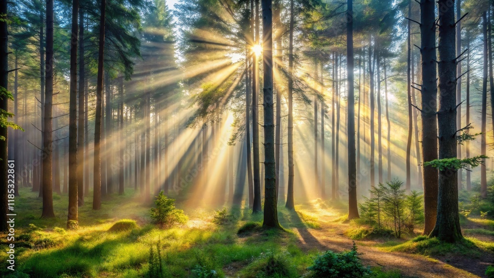 Obraz premium Misty forest morning with light beams filtering through dense trees creating shadows and highlights, mist, foggy, forest