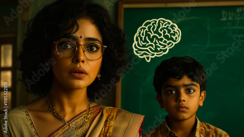 Teacher in Saree with Glasses, Gazing at Green Board with Brain Sketch. photo