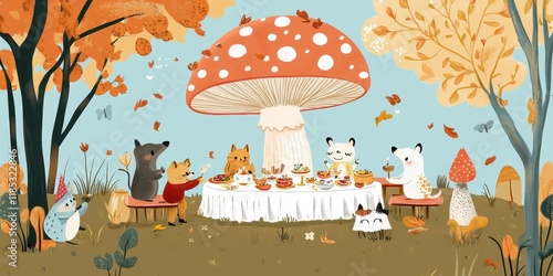 Autumnal woodland creatures enjoy a festive mushroom feast photo