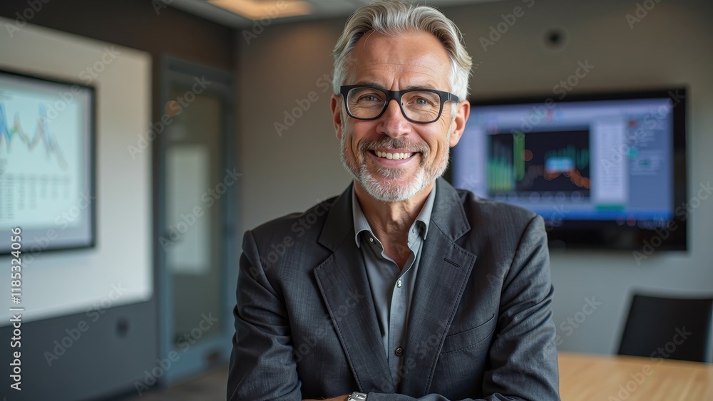 Fototapeta premium A kind-eyed gentleman, mid-40s, with short gray hair and bushy white beard, sports round black frames and a gentle smile. A simple gray shirt sets off his warm demeanor as he looks directly at you
