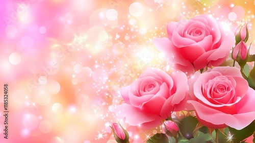 A vibrant illustration of pink roses against a soft, colorful background.