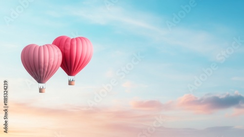 Two Charming Heart-Shaped Balloons Floating in a Serene Sky at Dusk, Creating a Dreamy and Romantic Atmosphere with Soft Pastel Colors