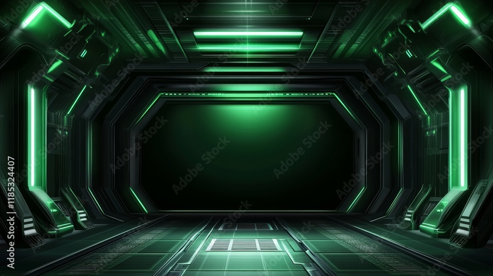 Futuristic corridor with green lighting and a dark backdrop, ideal for sci-fi themes. Futuristic corridor with green lighting and a dark backdrop, ideal for sci-fi themes.
