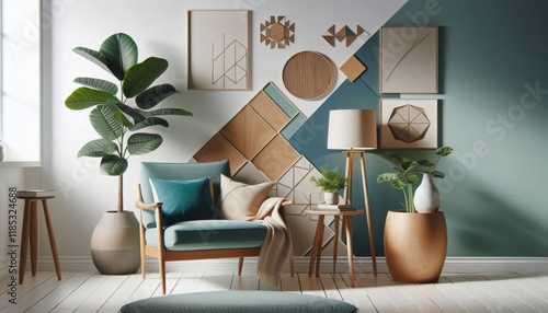 Modern living room, geometric wood paneling, teal accent wall, mid-century armchair, minimalist art gallery, potted plants, neutral color palette, natural light, textured rug, Scandinavian design infl photo