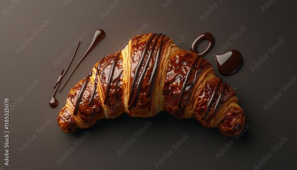 A freshly baked croissant drizzled with melted chocolate on a brown background.