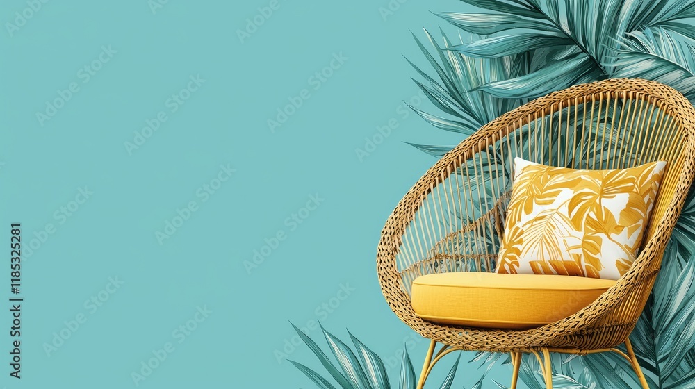 Obraz premium Tropical Chic Rattan Chair: Summer Vibes and Relaxation. A Stylish and Cozy Addition to Your Home Decor, Featuring a Yellow Cushion and Palm Leaf Background.