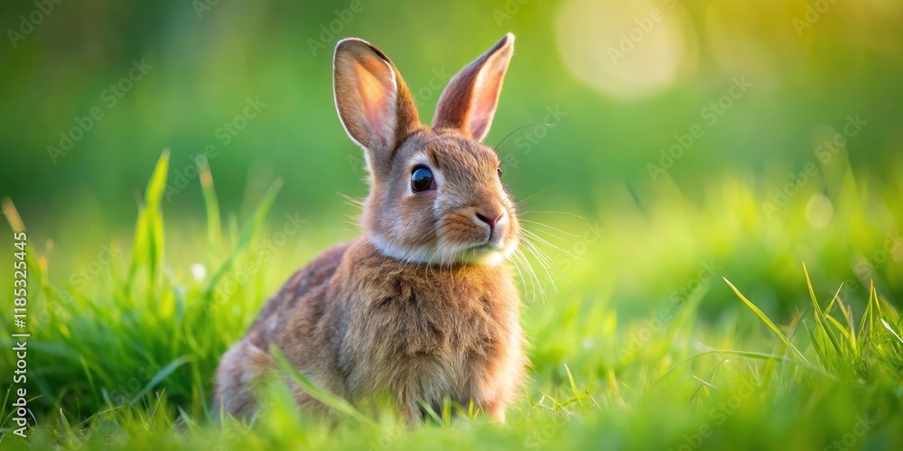 Fototapeta premium Adorable brown rabbit with fluffy fur sitting in a green grassy field, rabbit, brown, fluffy, cute, adorable, grass, green, field