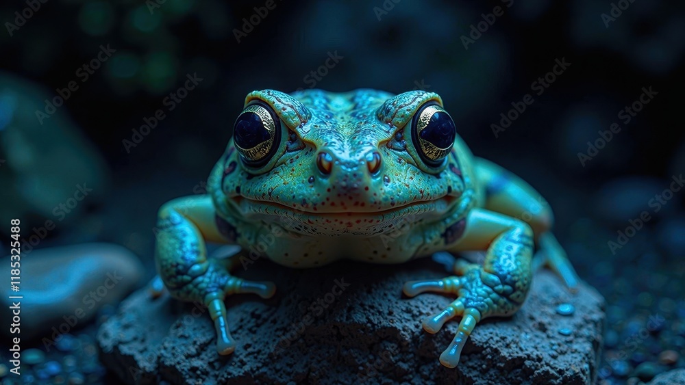 A close-up shot of a frog's mesmerizing face, its bright yellow-green eyes locked onto you with piercing black pupils, surrounded by luscious green skin A close-up shot of a frog's mesmerizing face, its bright yellow-green eyes locked onto you with piercing black pupils, surrounded by luscious green skin