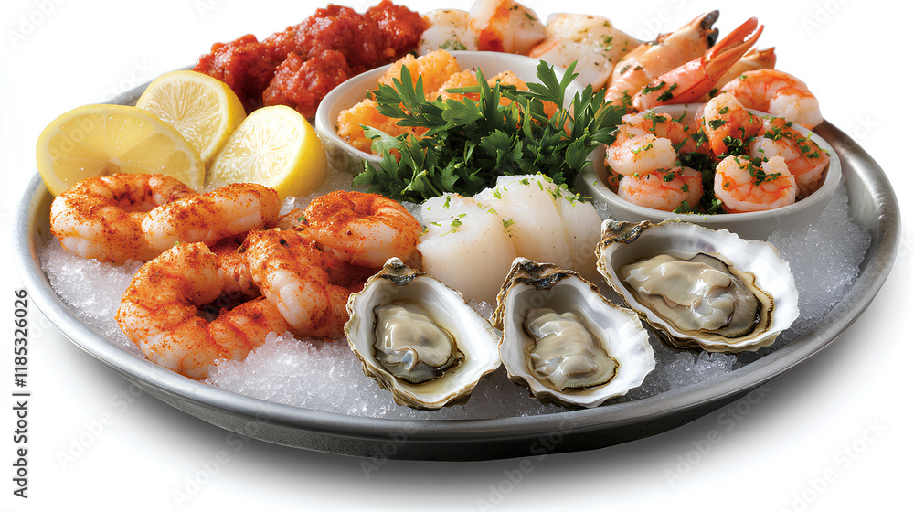 Spiced Seafood Platter with Oysters, Shrimp, Crab Legs, and Scallops on Crushed Ice
Spiced Seafood Platter with Oysters, Shrimp, Crab Legs, and Scallops on Crushed Ice
