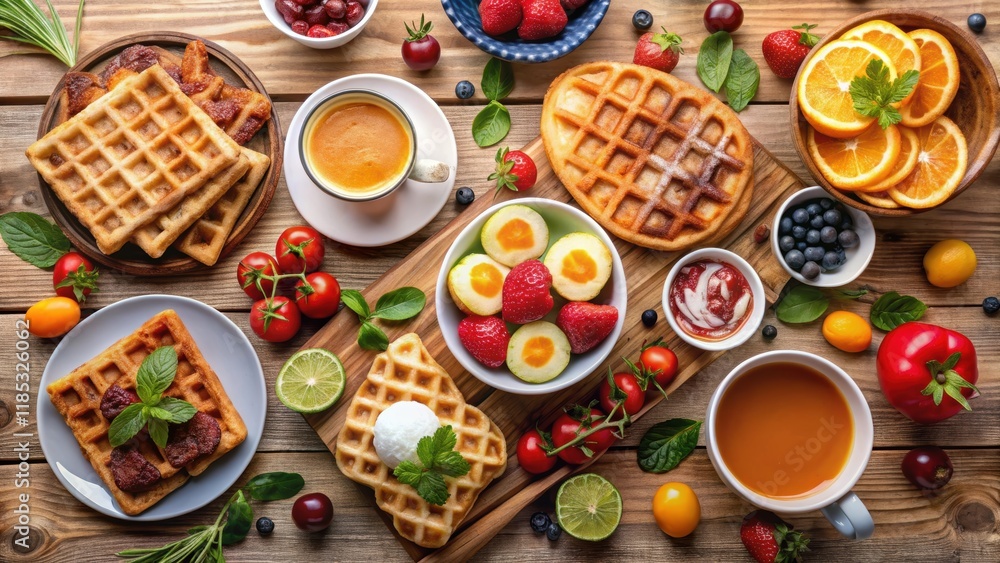 Top view of a delicious breakfast spread including eggs, bacon, waffles, fruits, coffee, and pastries, breakfast Top view of a delicious breakfast spread including eggs, bacon, waffles, fruits, coffee, and pastries, breakfast