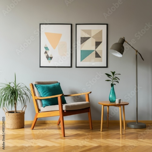 Modern living room, geometric wood paneling, teal accent wall, mid-century armchair, minimalist art gallery, potted plants, neutral color palette, natural light, textured rug, Scandinavian design infl photo