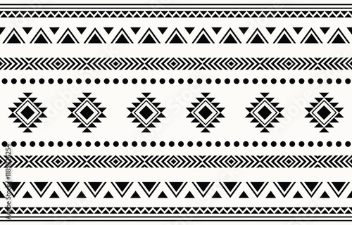 Ethnic tribal African black and white line stripe background. Seamless tribal pattern, folk embroidery, tradition geometric Aztec ornament. Traditional design for fabric, textile, print, rug, paper