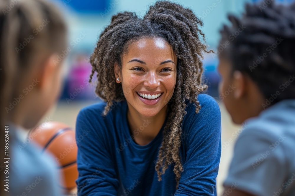 Happy PE teacher and her students planning basketball game strategy at school gym. Generative AI Happy PE teacher and her students planning basketball game strategy at school gym. Generative AI