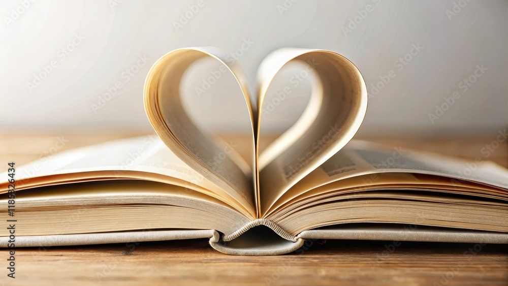 Unfolded book pages with a heart shape formed by the edges of the pages, book, folded book,  book