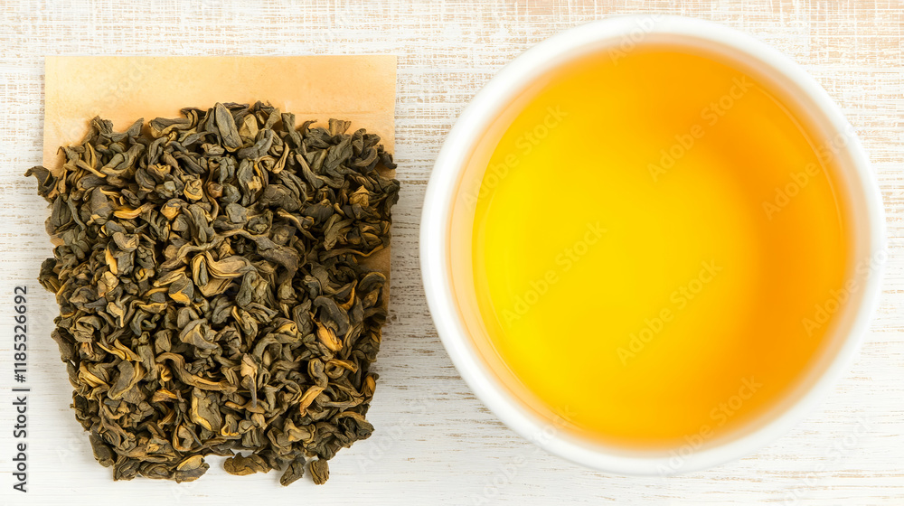 Loose leaf tea, brewed cup, wood, overhead, beverage Loose leaf tea, brewed cup, wood, overhead, beverage