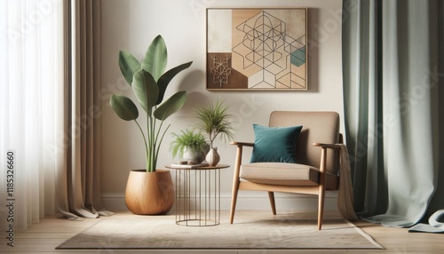 Modern living room, geometric wood paneling, teal accent wall, mid-century armchair, minimalist art gallery, potted plants, neutral color palette, natural light, textured rug, Scandinavian design infl photo