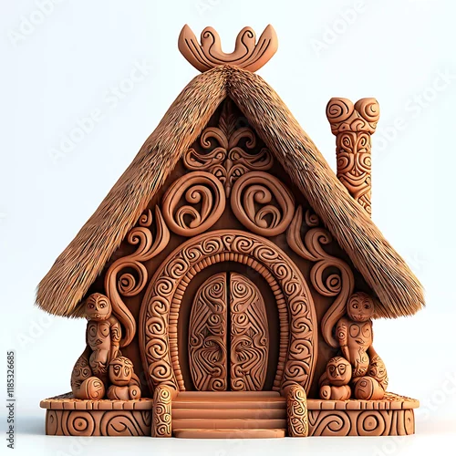 Fototapeta Intricately Carved Wooden House with Tribal Designs and Monkey Figures, 3D Render.