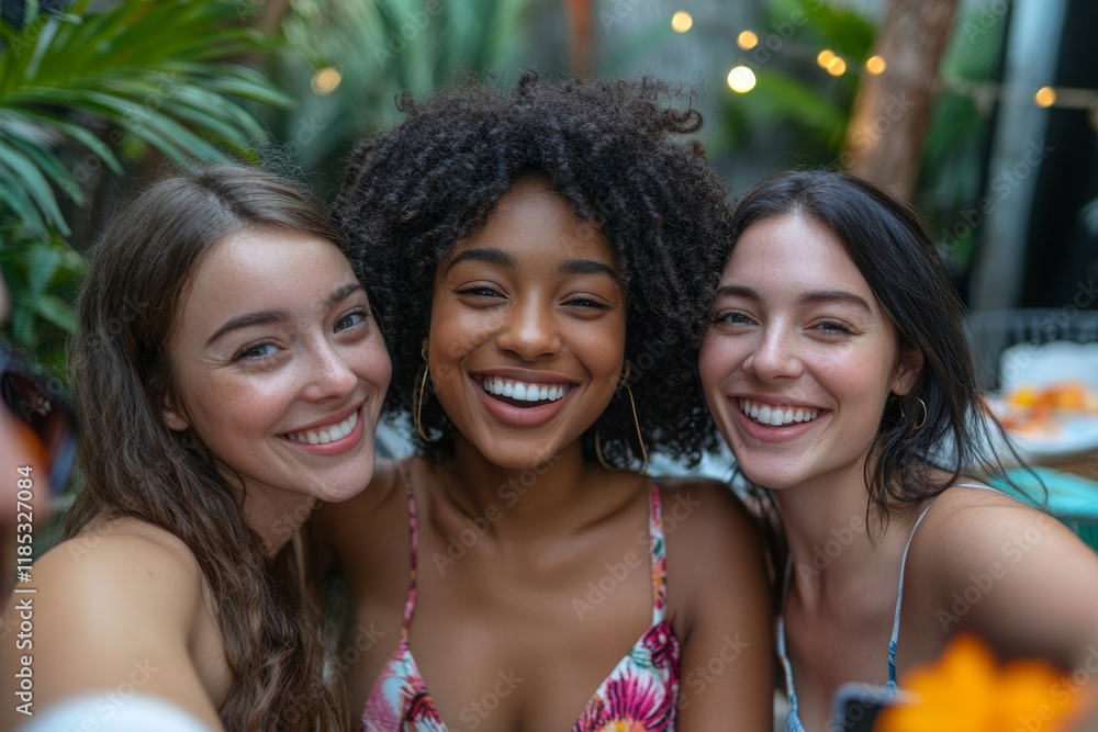Happy woman taking selfie with friends while gathering for lunch party on patio. Generative AI Happy woman taking selfie with friends while gathering for lunch party on patio. Generative AI