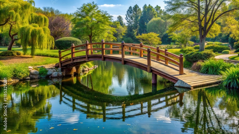 Beautiful wooden bridge over serene pond in park, wooden, bridge, pond, park, serene, peaceful, tranquil, nature Beautiful wooden bridge over serene pond in park, wooden, bridge, pond, park, serene, peaceful, tranquil, nature