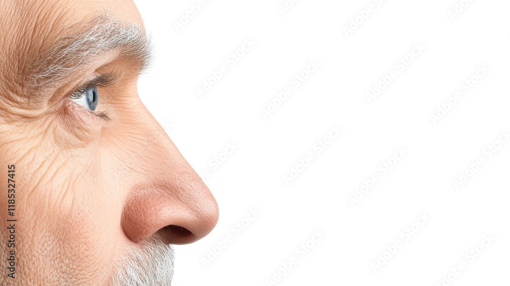 Fototapeta premium Close-Up Profile of a Mature Man with Blue Eyes and Gray Hair against a White Background, Highlighting Facial Features and Textures