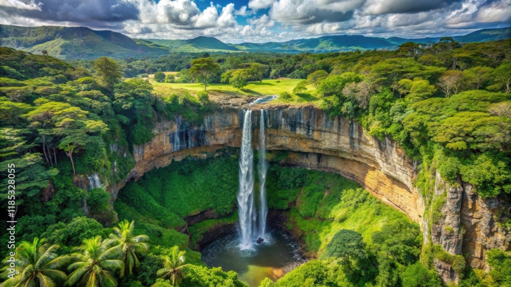 Top view of stunning Chamarel Waterfall in lush tropical island, waterfall, Chamarel, tropical, island, lush, top view Top view of stunning Chamarel Waterfall in lush tropical island, waterfall, Chamarel, tropical, island, lush, top view