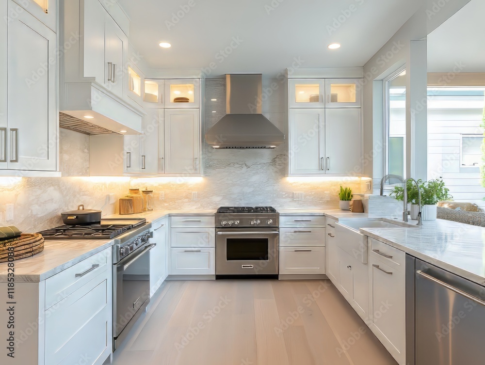 Fototapeta premium Modern White Kitchen With Stainless Steel Appliances