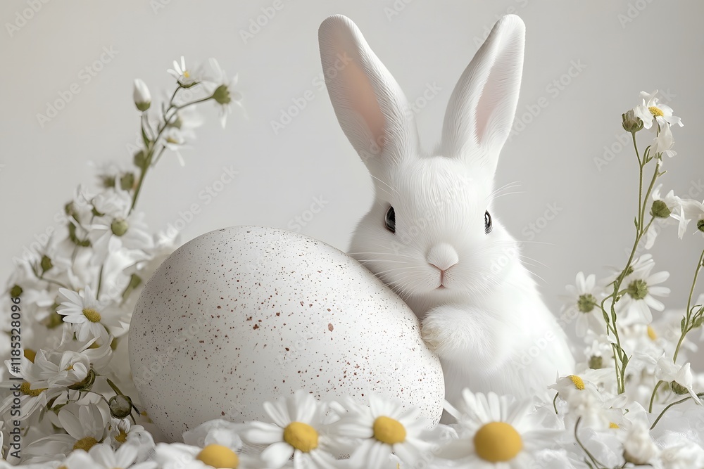 Adorable White Bunny Nestled Among Daisy Flowers and a Decorative Egg in a Serene Spring Setting Perfect for Easter Celebrations and Seasonal Decor