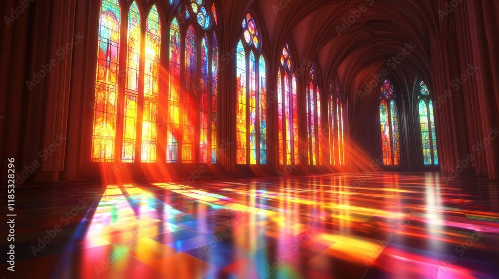 Sunlit cathedral aisle with vibrant stained glass. Sunlit cathedral aisle with vibrant stained glass.