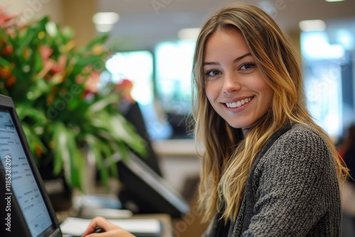 Happy female receptionist answering phone call while working at hotel front desk. Generative AI photo